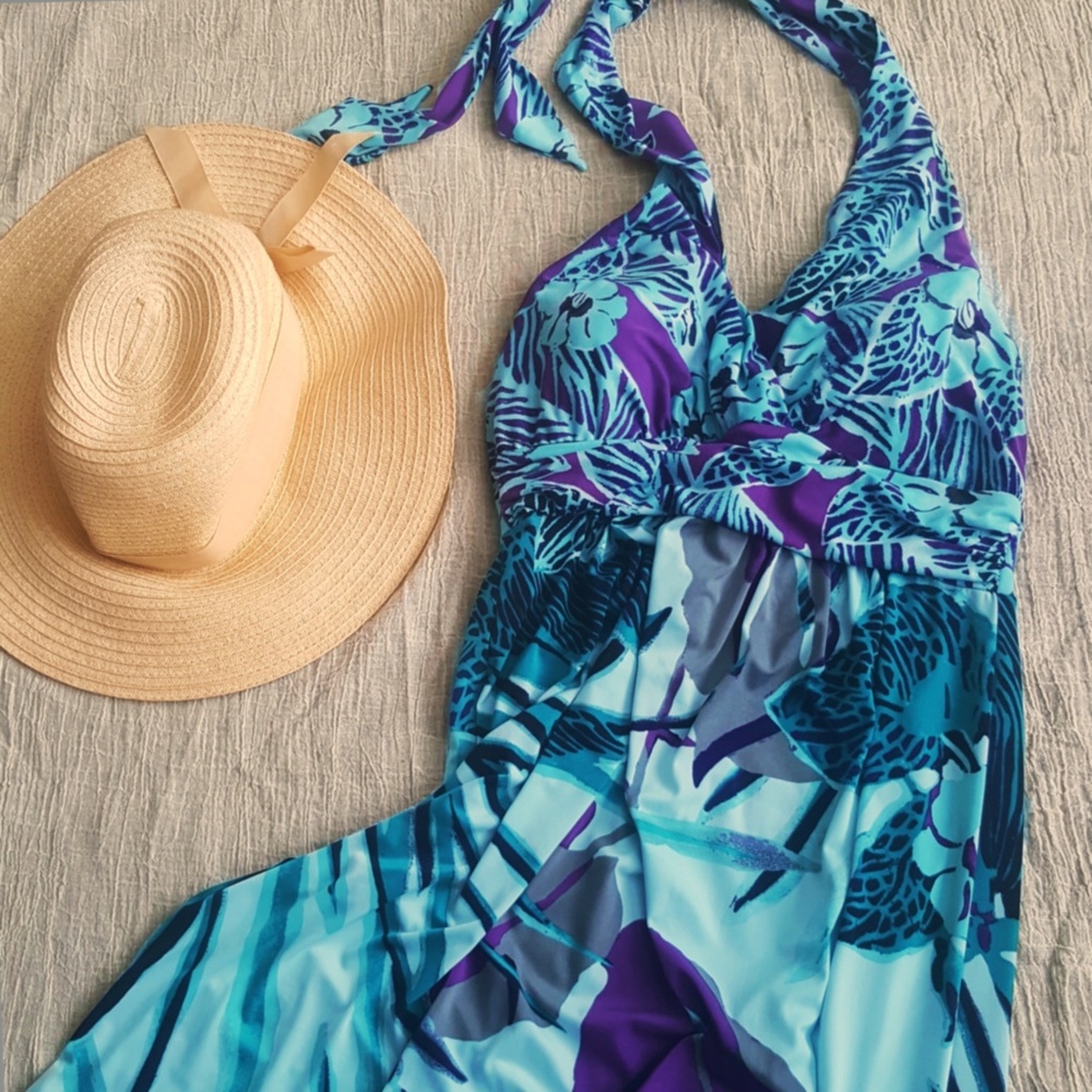 Soma Tropical Floral Teal Halter Maxi Dress